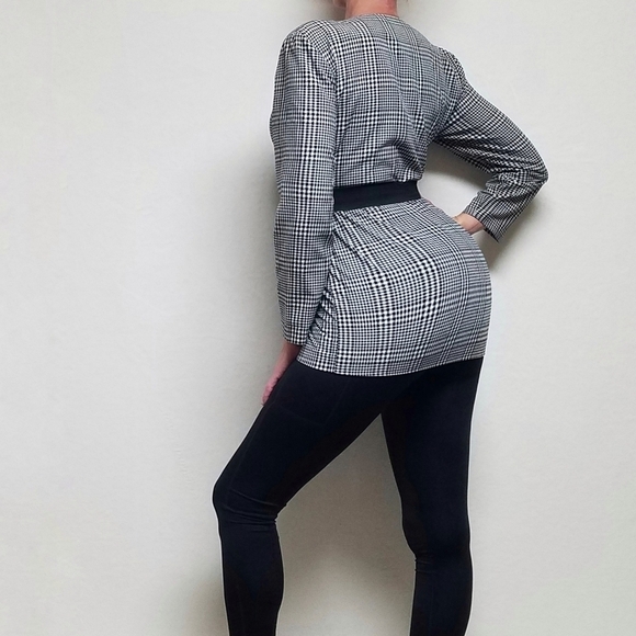 Vintage 80s GSL Black Houndstooth Double Breasted Collarless Blazer Jacket S - Picture 3 of 15